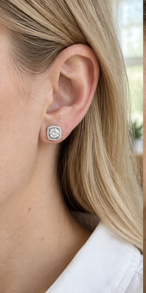 Square Halo Lab-Grown Diamond Stud Earrings — editorial styling