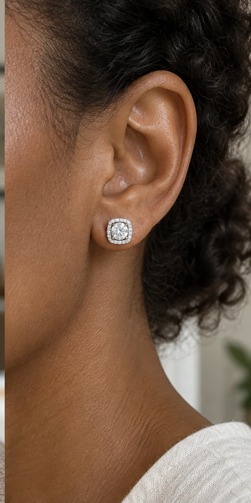 Square Halo Lab-Grown Diamond Stud Earrings editorial styling