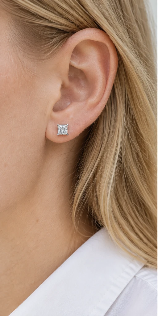 Square Solitaire Lab-Grown Diamond Stud Earrings — editorial styling
