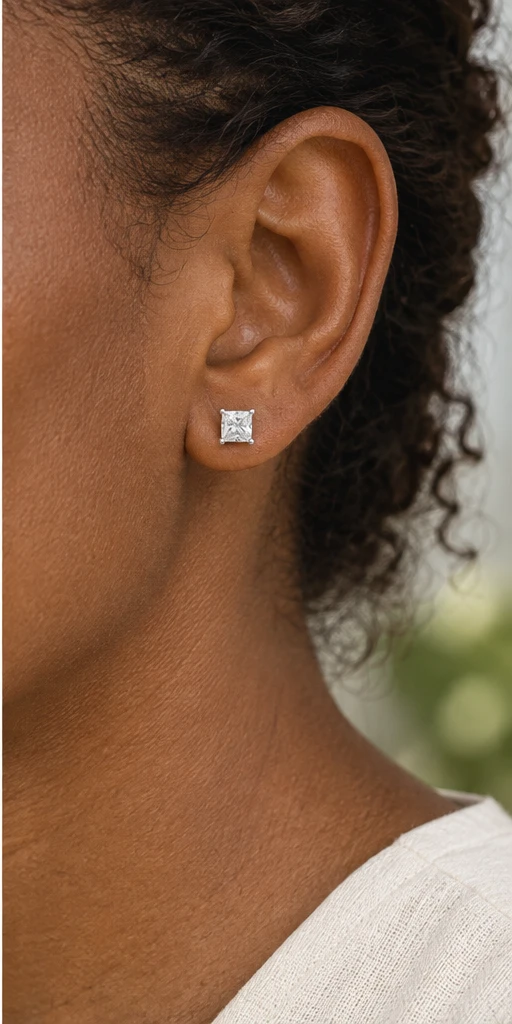 Square Solitaire Lab-Grown Diamond Stud Earrings editorial styling