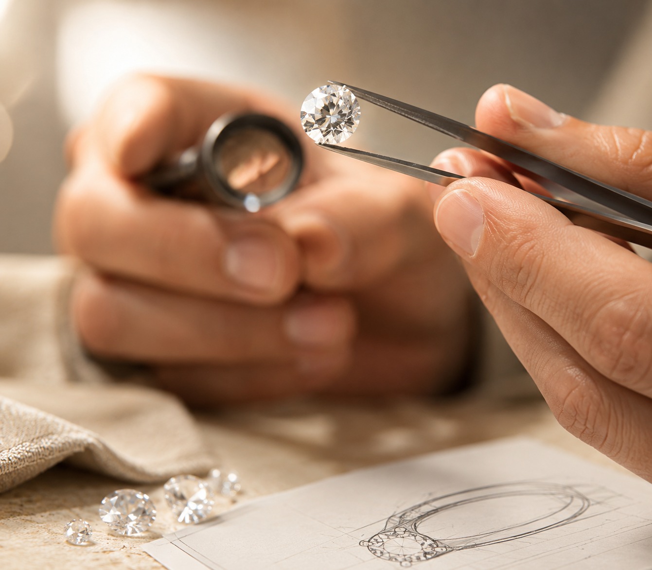 Jeweller examining a diamond with a loupe and tweezers over a ring sketch
