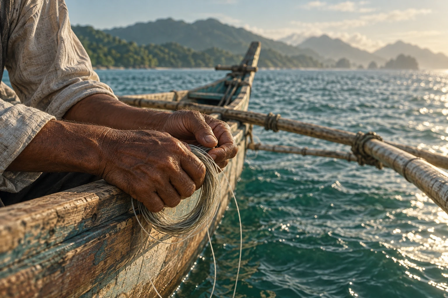 Imagined close-up of a fisherman holding line on a wooden boat