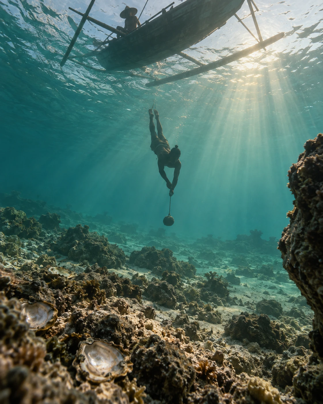 Illustrative underwater scene of a traditional pearl diver