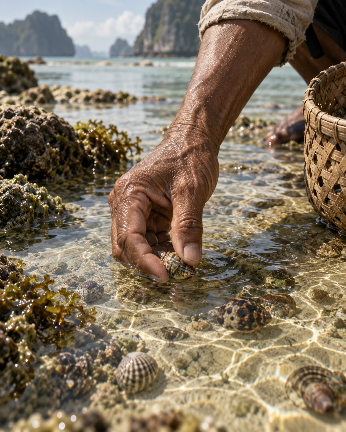 Illustrative close-up of a hand gathering a shell in shallow water