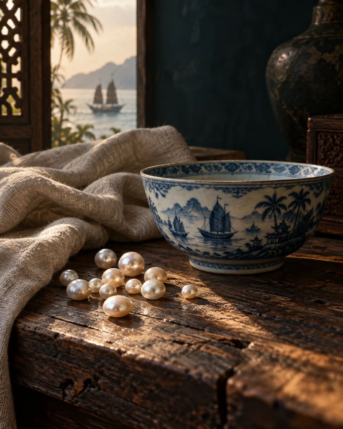 Illustrative still life of pearls and Chinese porcelain