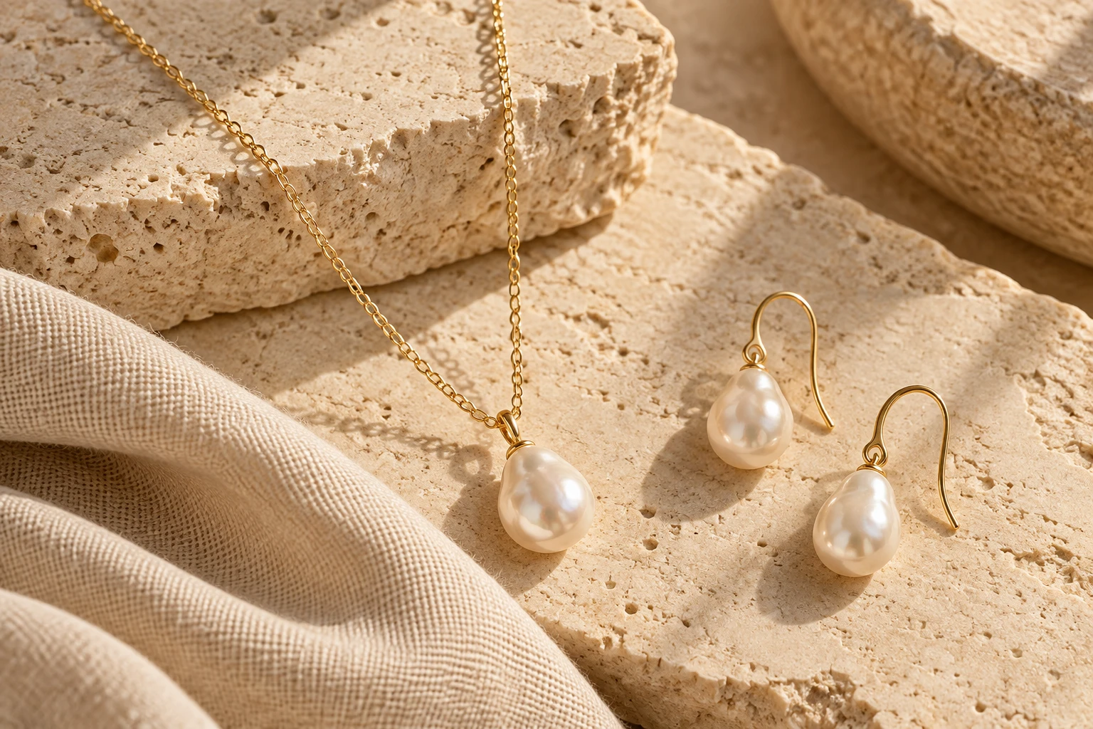 Concept editorial still life of pearl jewellery on warm limestone