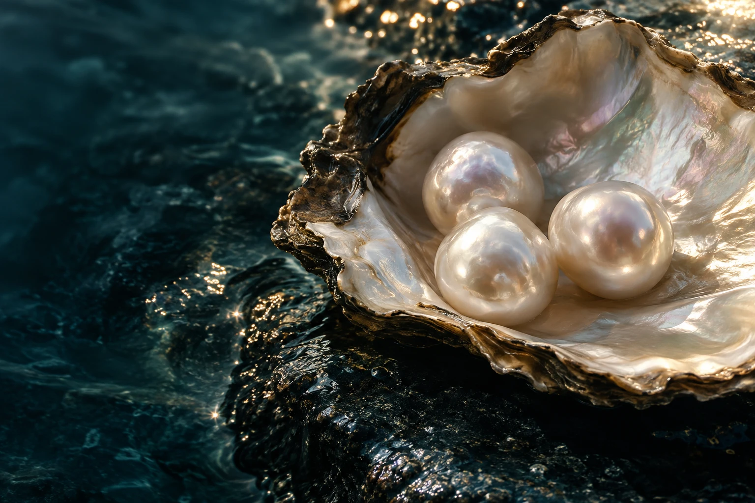 Concept macro still life of pearls against the iridescent surface of a shell