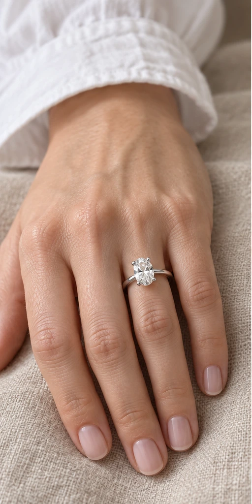 Oval solitaire ring styling on a relaxed hand