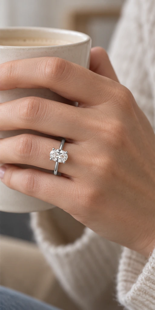 Oval solitaire ring editorial styling — slow mornings