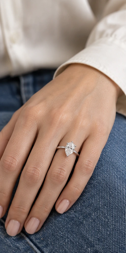 Pear solitaire ring styling on a relaxed hand
