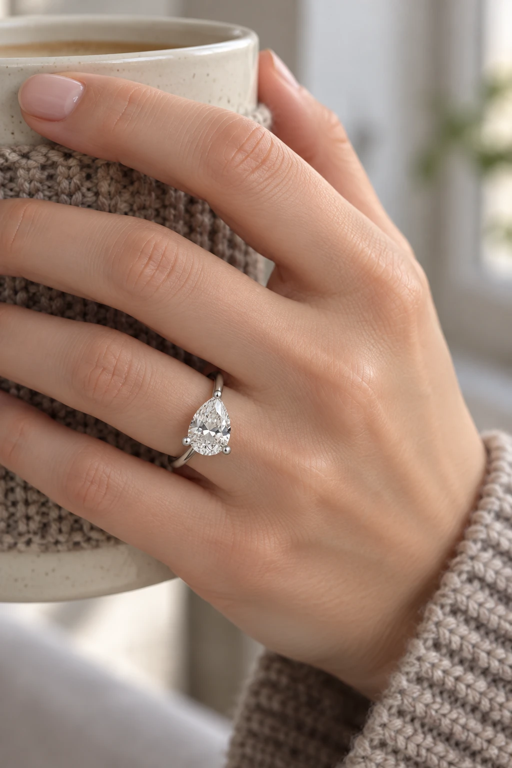 Pear solitaire ring editorial styling — slow mornings