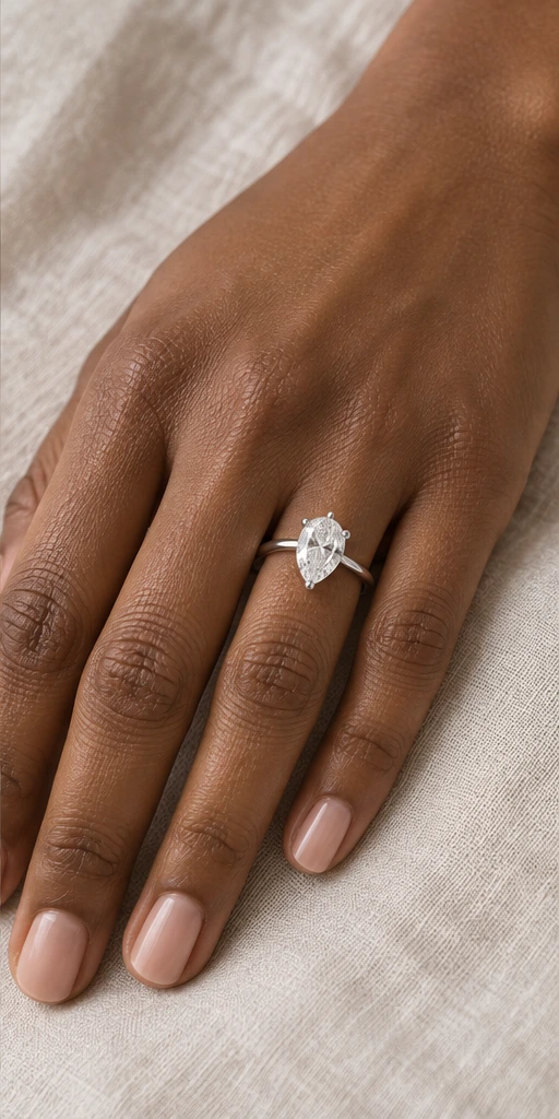 Pear solitaire ring editorial styling — off duty