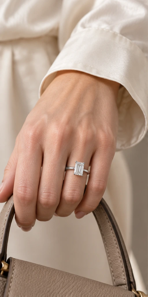 Rectangular solitaire ring styling on a relaxed hand