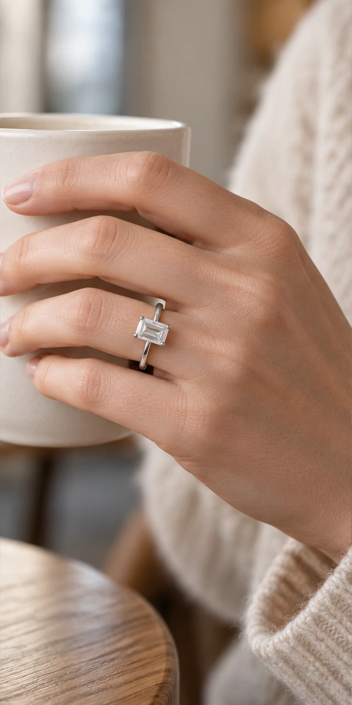Rectangular solitaire ring editorial styling — slow mornings