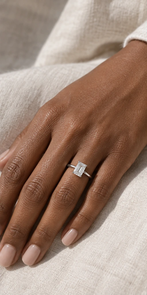 Rectangular solitaire ring editorial styling — off duty