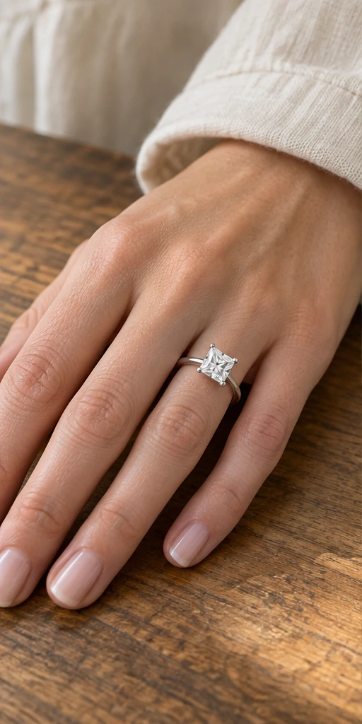 Square solitaire ring styling on a relaxed hand