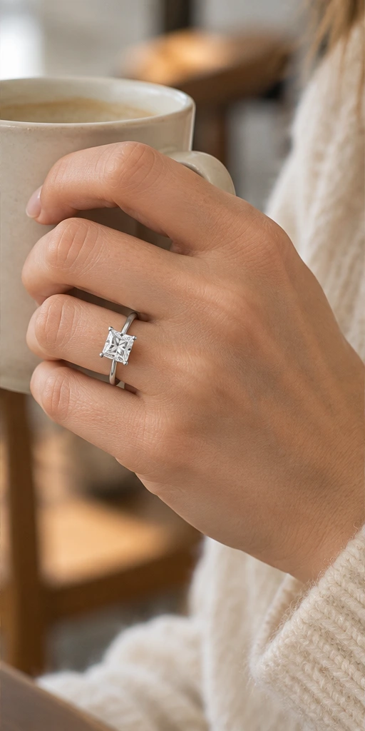 Square solitaire ring editorial styling — slow mornings