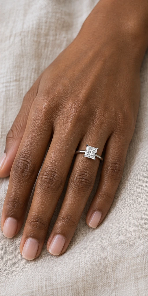 Square solitaire ring editorial styling — off duty