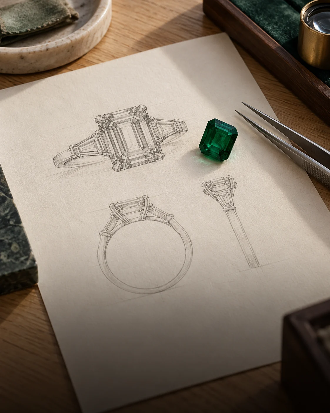 Gemstone ring sketch with a loose green gemstone and tweezers